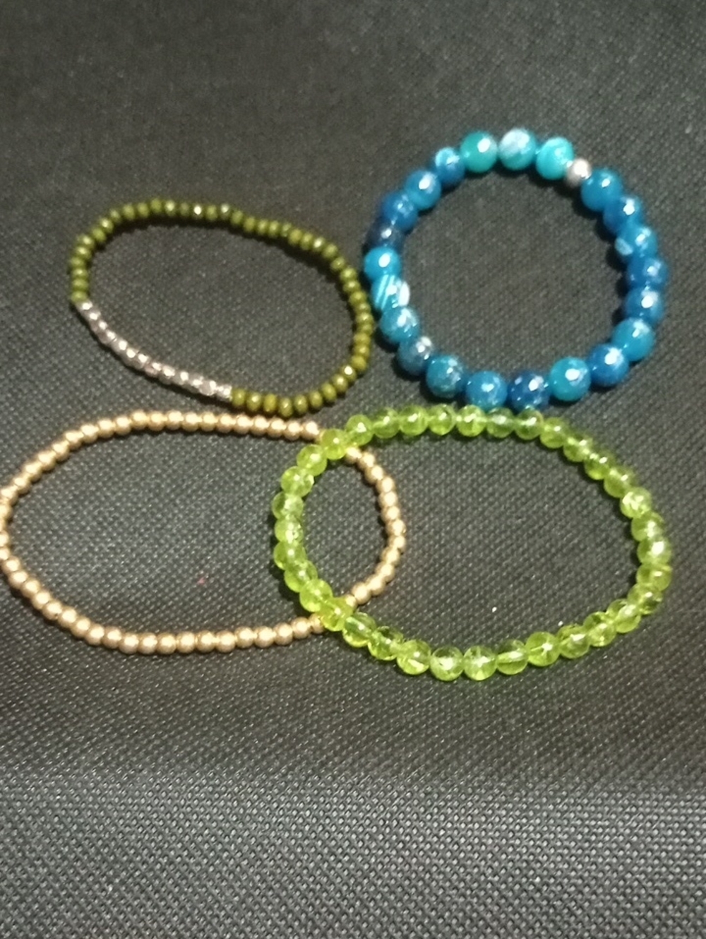 Beaded Stretch Bracelet Set - Blue, Green, Olive, Gold.